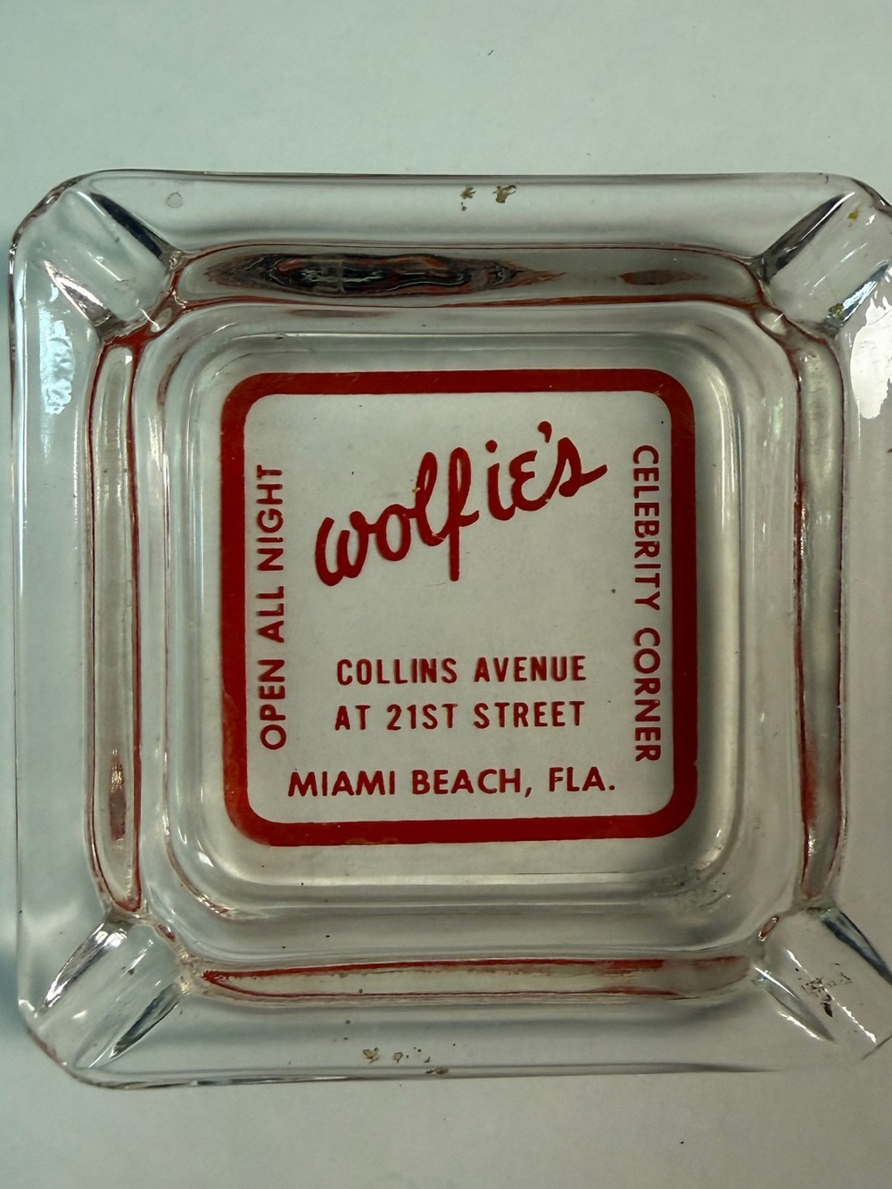 WOLFIE’s legendary restaurant Miami  Clear Glass Ashtray with Red Logo